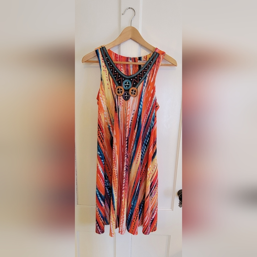 Multicolor Dress With Embroidered Neckline